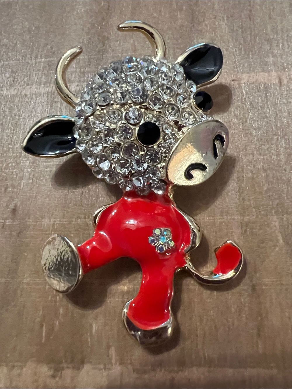3/$18 Red Enamel Crystal Cow Brooch - Sparkling Animal Pin Lot 597